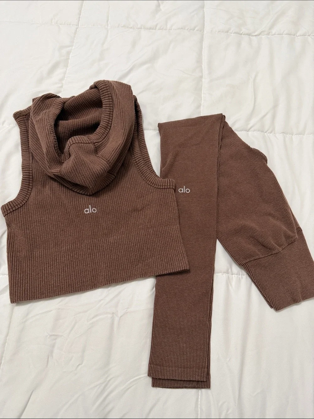 ALO Yoga Ribbed Cropped Cowl Tank & Sleeve Set in Brown